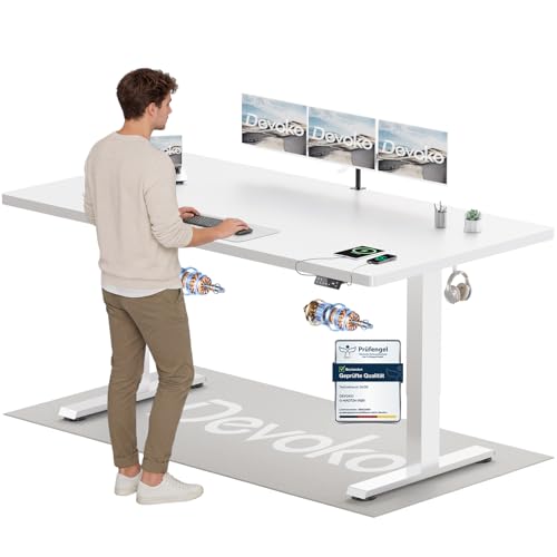 Devoko Höhenverstellbarer Schreibtisch mit 2 Motoren，25mm Einteilige Tischplatte, 200x80 cm Mobiler Elektrisch Computertisch mit Kabel Management, weiß - Perfekte Ergonomie für Dein Büro