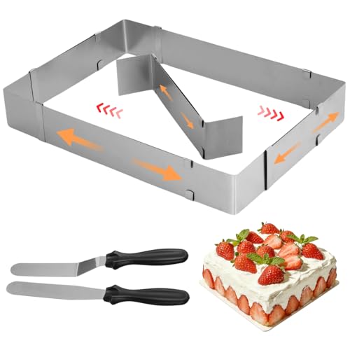 COSYOO Rectangular Cake Ring, Adjustable Cake Mold with Spatulas, Square Shaped Stainless Steel Baking Mold with Divider, Expandable Mousse Ring for Tiramisu, Desserts, Chocolate