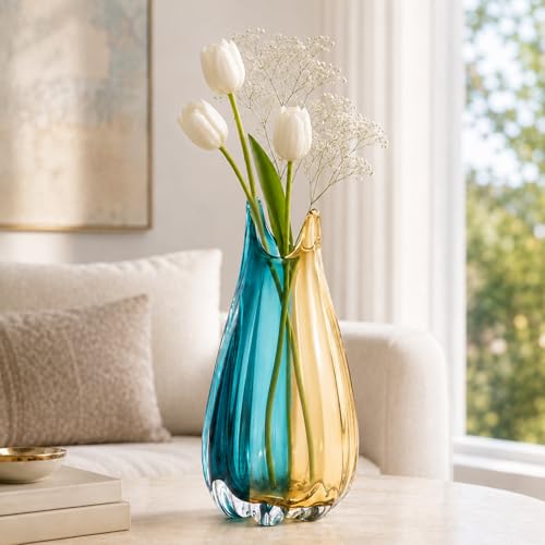 Vase en Verre soufflé à la Main, Vase à Fleurs Moyen à Large Ouverture, décoration Artistique Unique en Verre Turquoise Moderne, vases incassables pour centres de Table, décoration de Salon, Cadeaux