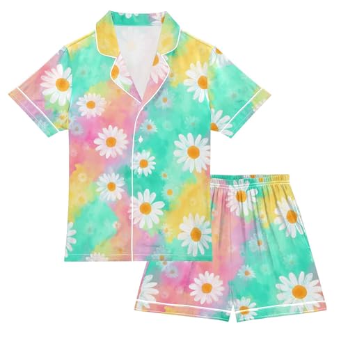 Watercolor Tie Dye Daisies Floral Pajamas Set Soft Pjs Sets 2 Piece Short Sleeve Sleepwear Casual Loungewear