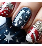 24Pcs 4th of July Press on Nails American Flag Acrylic Short Square Fake Nail Glossy Silver Glitt...