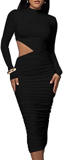 LAGSHIAN Women Sexy Long Sleeve Mock Neck One Piece Cutout Ruched Bodycon Midi Party Dress