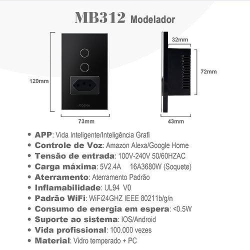 Interruptor Inteligente WiFi com Tomada, Interruptor Smart Sem Fio Doméstico Multifuncional, Control