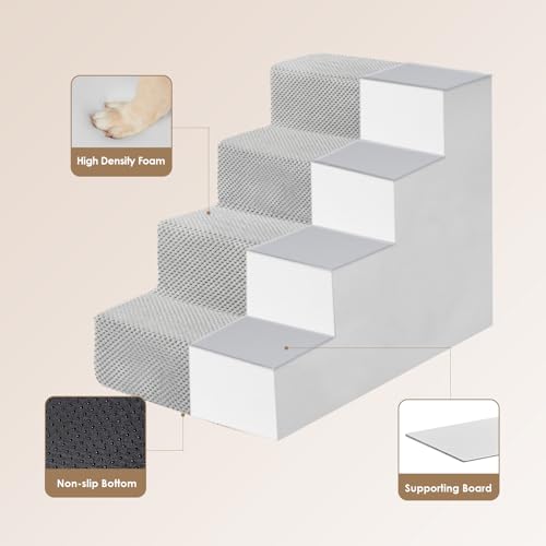 Image of EHEYCIGA Dog Stairs for Bed 18 inch H, 4-Step Dog Steps for High Bed, Pet Steps for Small Dogs and Cats, Non-Slip Balanced Pet Ramp Indoor, Light Grey