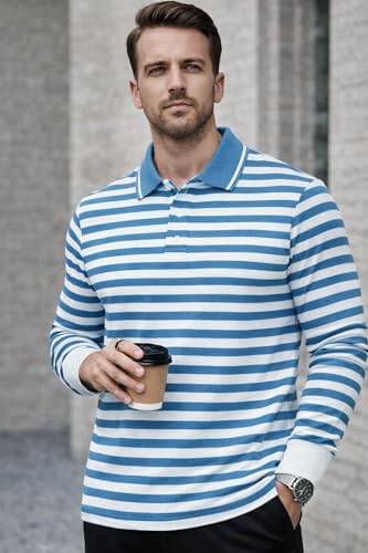 Image of Mack Jonney Men's Premium Striped Polo T-Shirt | Long Sleeve Cotton Blend | Casual & Smart Wear-M6721