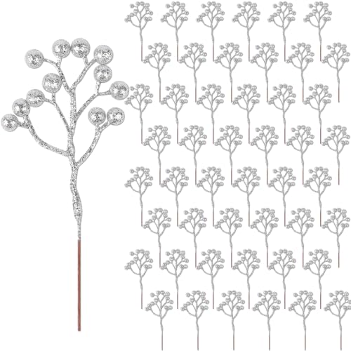 Fangoo 7 Inch Artificial Silver Berry Stems, 48pcs