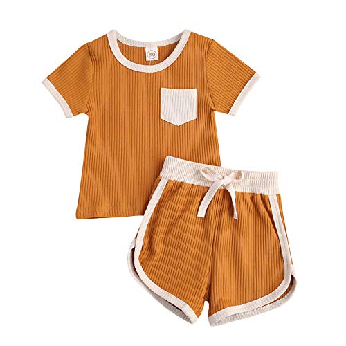 Toddler Baby Boy Girl Summer Outfits, Infant 2t-3t Ribbed Short Sleeve T-Shirts Pocket Tops + Short Pants 2Pcs Clothes Set