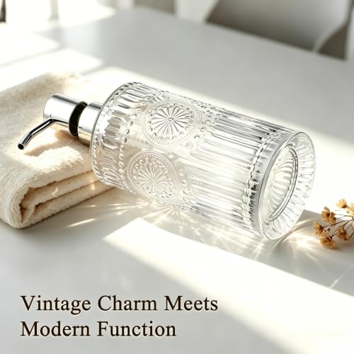 Image of Vintage Glass Soap Dispenser, 16 fl oz Refillable Liquid Hand Soap Bottle with Pump, Sunflower Embossed Dish Soap Dispenser for Bathroom, Kitchen, Shower (Clear)
