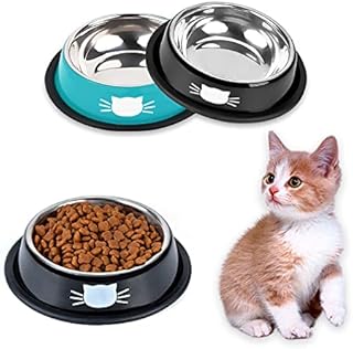 2 Pcs Cat Bowls Stainless Steel Food Grade Feeding Bowl Water Bowl ,Puppy Dish Bowl Non-Slip Pet Feeding Dish Bowl With Rubber Base for Cats Small Dogs (Blue/Black)