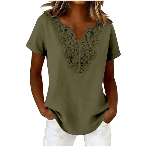 Blusa de lino con cuello en V y encaje bohemio para mujer, estilo campesino, prenda ligera y fluida, perfecta para viajes de primavera y lindos atuendos casuales, 1a-verde, S