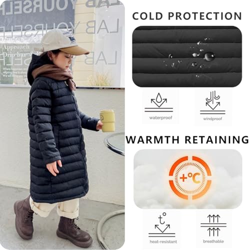 Image of Boys Girls Long Lightweight Hooded Puffer Jacket Packable Autumn and Winter Long Down Coats