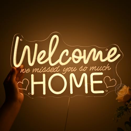 Image of Britrio Welcome Home Neon Sign Family Housewarming Sign LED Wall Decor for Military Army Homecoming, Family Party Deployment School Returning Supplies Decorations Photo Backdrop for Celebration