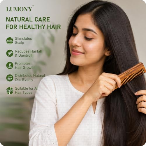 Image of LUMONY Neem Wooden Comb | Soaked In 17 Ayurvedic Herbs Neem & Sesame Oil For Multi-Actions - | Anti-Hair Fall, Dandruff | Frizz Control & Shine Suited For All Hair Types Men & Women (Dual Tooth)