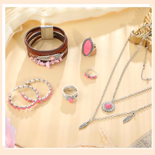 Image of Ecally Bohemian Western Jewelry Turquoise Set Women Country Pendant Long Choker Layered Bracelets Earrings Ring for Women