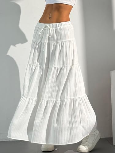 DERAX Women's Boho Flowy Maxi Skirts Elegant Flared Ruffle Hem Elastic High Waisted Summer Fall A Line Long Skirts4