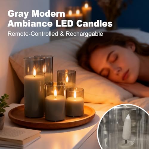 Image of LEDHOLYT Rechargeable Flameless Candles, Realistic Flickering LED Flame,Real Wax Candle with Remote Control and Timer, Clear Glass Electronic Candles, 1 Set of 5(Gray)