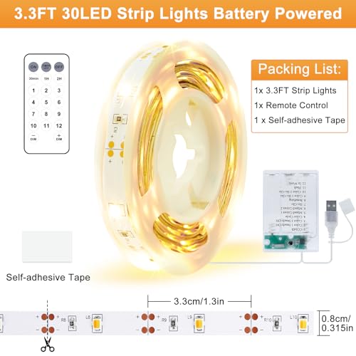 Tira LED de 3.3 pies con batería y control remoto miniatura 5