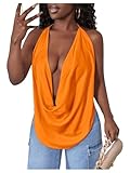 SOLY HUX Women's Sexy Cowl Neck Tops Deep V Neck Draped Halter Tie Back Y2K Going Out Cami Tops Plain Orange Large