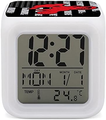 Vamabore Motocross Dirt Bike USA American Flag Digital Alarm Clock with Cube Night Light and Thermometer, White, One Size