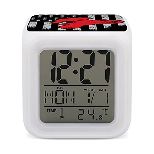 Vamabore Motocross Dirt Bike Usa American Flag Digital Alarm Clock With Cube Night Light And Thermometer, White, One Size #TOP30
