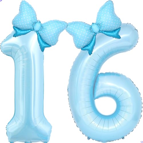 Image of Light Blue 16 Balloon Number Blue Coquette Birthday Decorations for Girls, Blue Bow Balloons Foil Mylar Large 40 inch 16 Balloon for Girls Bows Coquette 16th Birthday Party Decorations Supplies