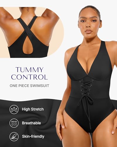 SHAPELLX Women One Piece Swimsuits Tummy Control Bathing Suits Push Up Slimming Swimwear with Built-in Bra V Neck2