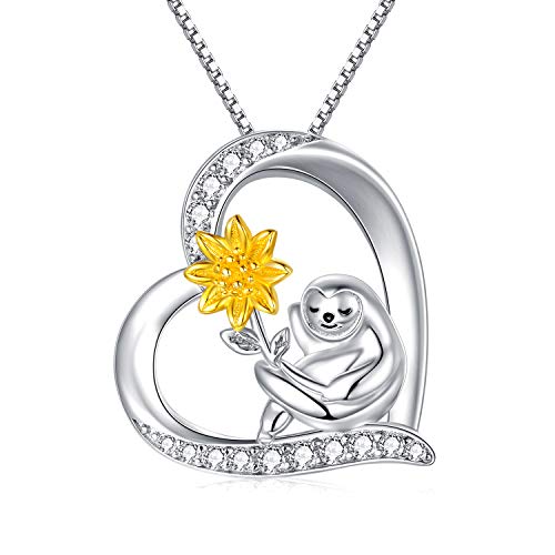 LONAGO Faultier Halskette 925 Sterling Silber Süßes Lächeln Faultier mit Sonnenblume Anhänger Halskette Schmuck für Frauen