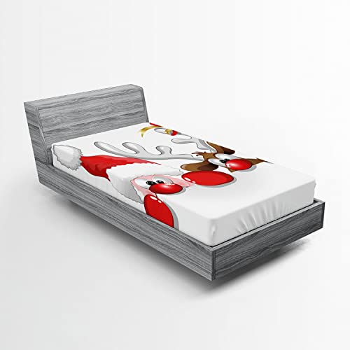 Ambesonne Christmas 2 Pack Fitted Sheet, Funny Santa Reindeer, Bed Cover All-Round Elastic Deep Pockets 2 Pieces, Package Contains 2 Twin Size Fitted Sheets, Vermilion Caramel