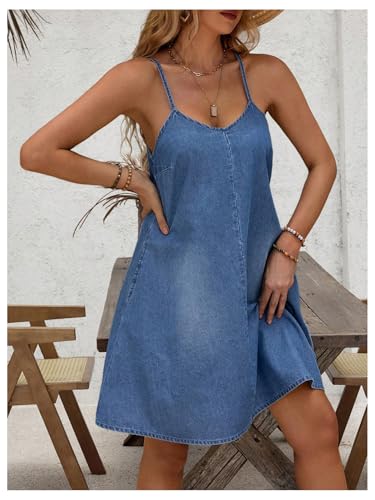 Image of WDIRARA Women's Sleeveless Denim Cami Dress Scoop Neck Mini Dresses with Slant Pockets Blue Large