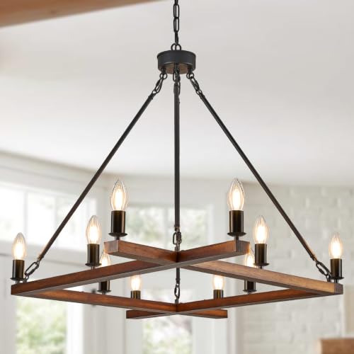 Poemoon Farmhouse 53" Wooden Square Chandeliers 10-Light Candle Chandelier