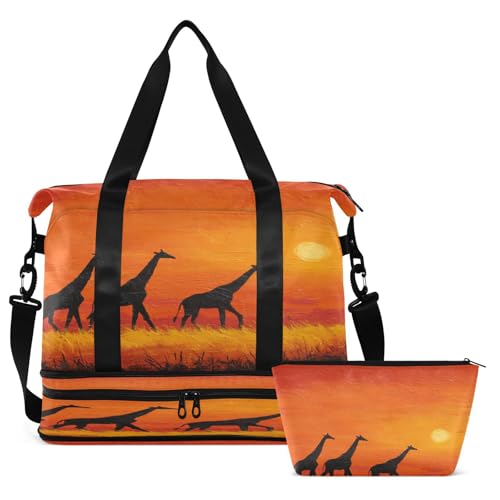 Sunset Orange Giraffe Travel Duffel Bag for Women Men Gym Bag with Shoe Compartment Wet Pocket Carry On Weekender Overnight Bags for Travel Weekend Getaway