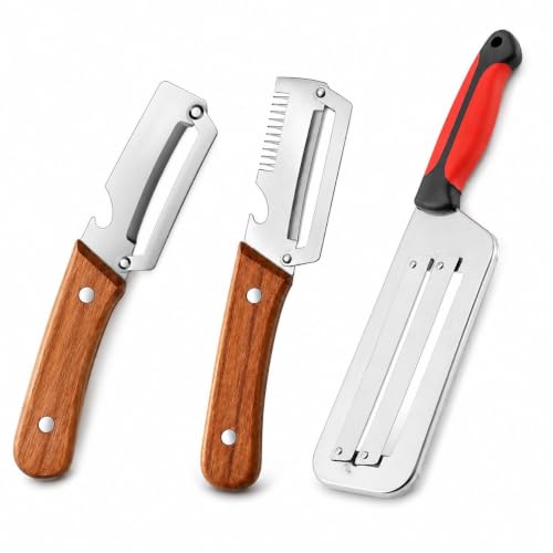Image of Multi-Functional Vegetable Peeler, 3 in 1 Ktchen Multi-Function Stainless Steel Thickened Fruit Peeler Knife with Wooden Handle, Suitable for Peeling Fruits and Shredding Scallions (3Pcs)
