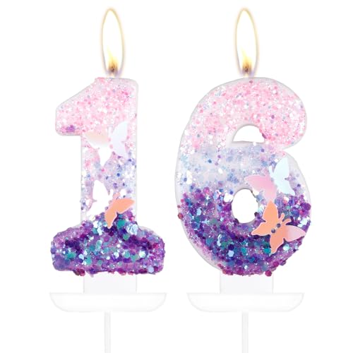 Butterfly Number 16 Candles for Cake, 16th Birthday Butterfly Cake Candles Cake Topper, Girls 16th Birthday Cake Decorations, Purple Pink Butterfly Birthday Candles, Purple Butterfly Cake Decorations