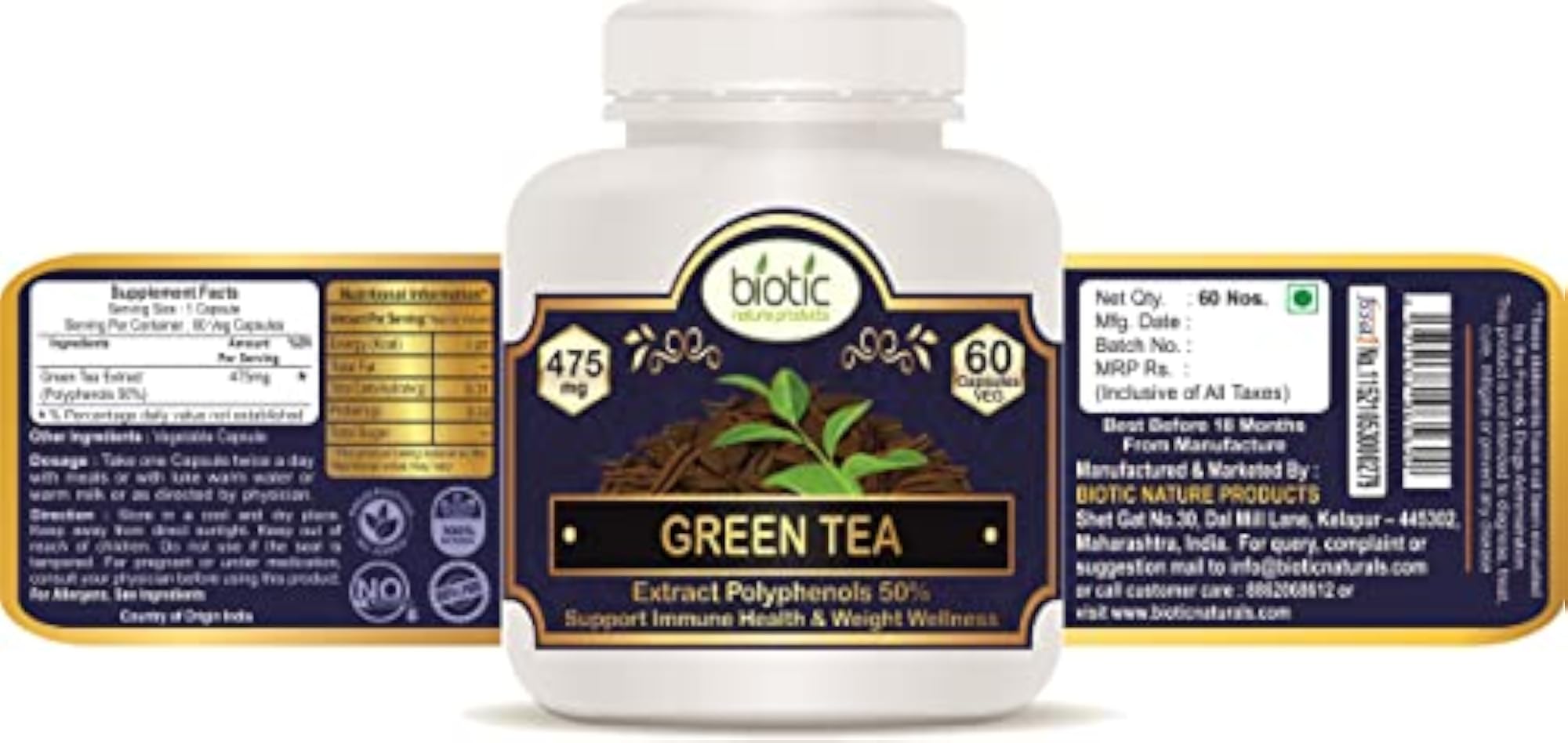 Biotic Green Tea Capsules - 475mg Extract (Pack of 2)