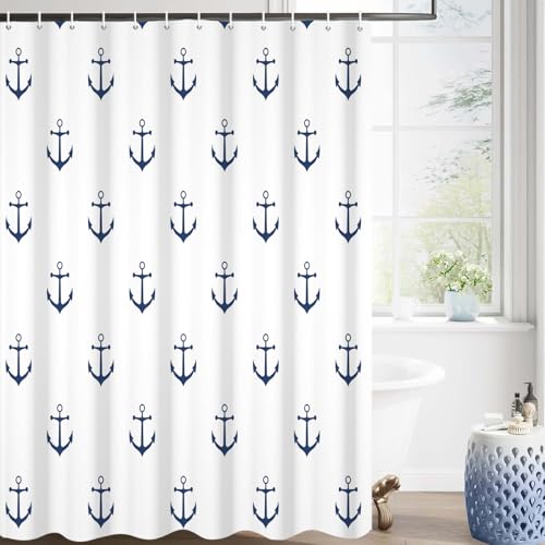 GCIREC Duschvorhang, 180x200cm, Weiß mit Marineblau Nautischer Anker Moderner Minimalismus Wasserdichter Stoff Maschinenwaschbarer Badezimmervorhang mit Haken