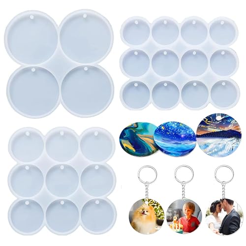 Loyohep Resin Molds Silicone 25-Cavity Set of Large + Medium + Small Shiny Flat Circle Silicone Molds for Resin Drilled Round Resin Keychain Molds Earring Molds Pendant Molds Pet Tag Resin Molds