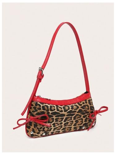 QWINEE Women's Bow Knot Leopard Print Shoulder Bag Zipper Faux Leather Underarm Purse with Adjustable Strap2