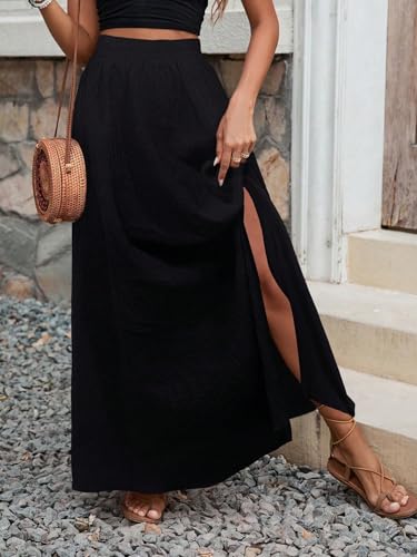 Women's 2025 Casual Maxi Long Skirts Solid Color Slit Casual Skirt2