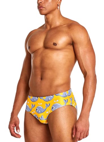 MIZOK Mens Whales Prints Swim Briefs Sexy Funny Cartoon Swimsuit Bikini Swimwear Yellow XL3