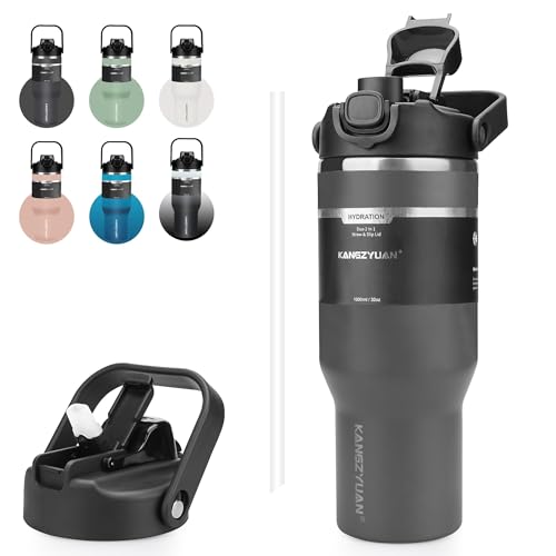 KZYBODY 1000ml ストロー付きタンブラー 大容量 真空断熱 ステンレス 水筒 保冷保温 広口 直飲み 蓋・取っ手付き 持ち運び便利 BPAフリー スポーツ・ジム・通学・旅行用 (グレー)