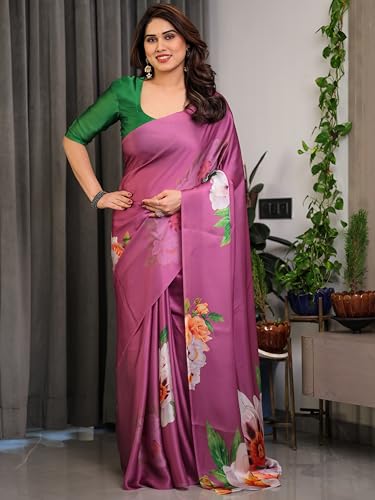 Image of ALMAARI FASHION Satin Georgette Floral Printed Saree with Blouse, Pink, 5.5 Meter Saree with 0.8 Meter Blouse