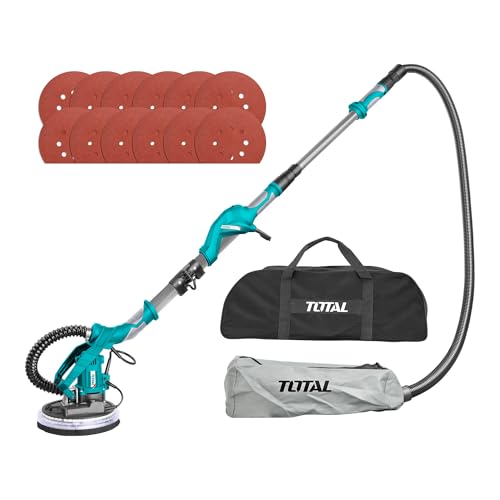 TOTAL 1050W Electric Drywall Sander with Integrated LED Work Light - 225mm Variable Speed Handheld Sander (600-2600rpm) - Includes 12pcs Sanding Paper Dust Bag & 2m Hose - BS Plug - TWS10501-8
