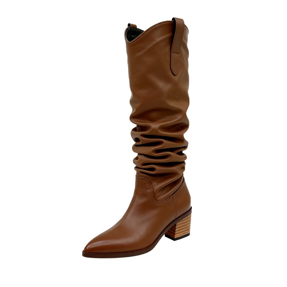 Womens Knee High Boots Leather Tall Boot with Chunky Low Heel Pointed Toe Long Stylish Fall Winter High