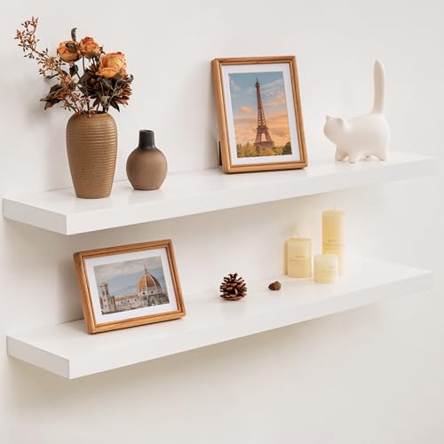 Floating Shelves 36 Inches Long - 8 Inch Deep Rustic Premium Solid Pine Wood for Storage - Farmhouse Wall Mounted for Living Room - Heavy-Duty Metal Bracket - 36" W x 8" D - Set of 2 - White Color by Fun Memories - Used condition - US$40.49