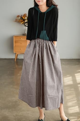 Image of chouyatou Women's Cotton Linen Pants Elastic Waist Plaid Gingham Wide Leg Capri Palazzo Pants