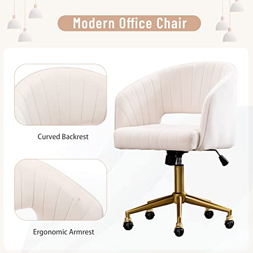 Abet Desk Chair With Wheels, Velvet Home Office Chair, Swivel Armchair Gold Base, Upholstered Modern Accent Chairs, Back Incline Adjustable For Living Room Bedroom Vanity, Off-White Cream #TOP6