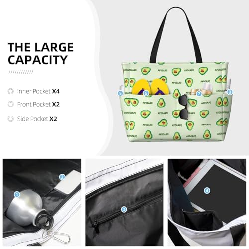 Green Avocado Print Large Beach Tote Bag for Women Extra Large Capacity Sandproof Waterproof Pool Bag Suitable for Swimming Pool Gym Groceries Travel3