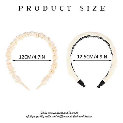 Casdre Satin Ruched Headbands White Fashion Wide Twisted Knotted Headband Ruffled Headband Chiffon Hair Hoop Hair Accessories For Women And Girls(Pack Of 2) #TOP7