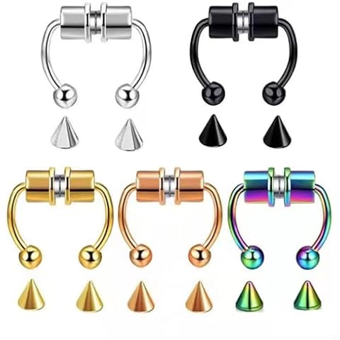 5 Pcs Nose Ring Hoops Women Septum Non-Pierced Stainless Steel Horseshoe Clips Gold Nose Hoop Black Colorful Lip Ear Women Men Gifts Cover