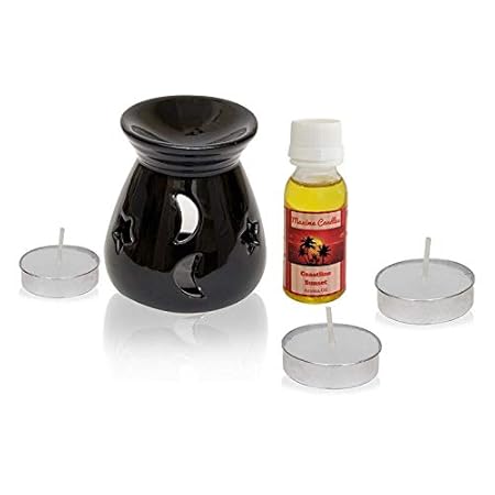 Maxime Candles Moon Star Ceramic Aroma Diffuser with Aroma Oil and Tealight Candle Set (7 cm x 7 cm x 8.2 cm, Black, MR178/CoastlineSunset)